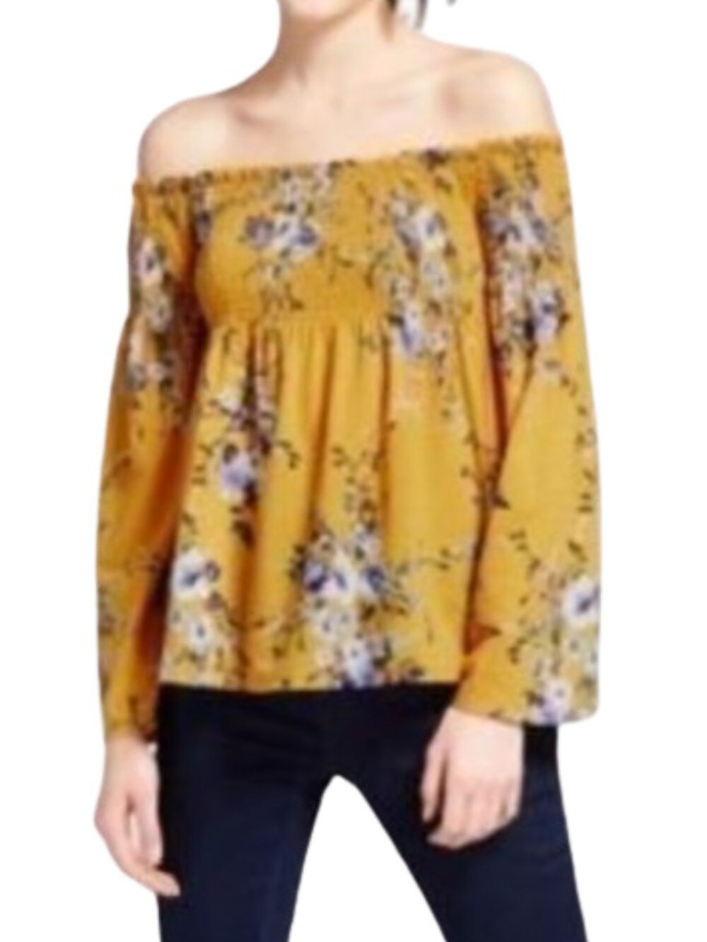 Xhilaration Yellow Floral Babydoll Top Off-the-Shoulder Long Sleeve Blouse